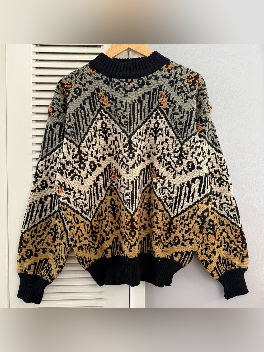Patterned Crewneck Sweater in Black, Cream & Olive